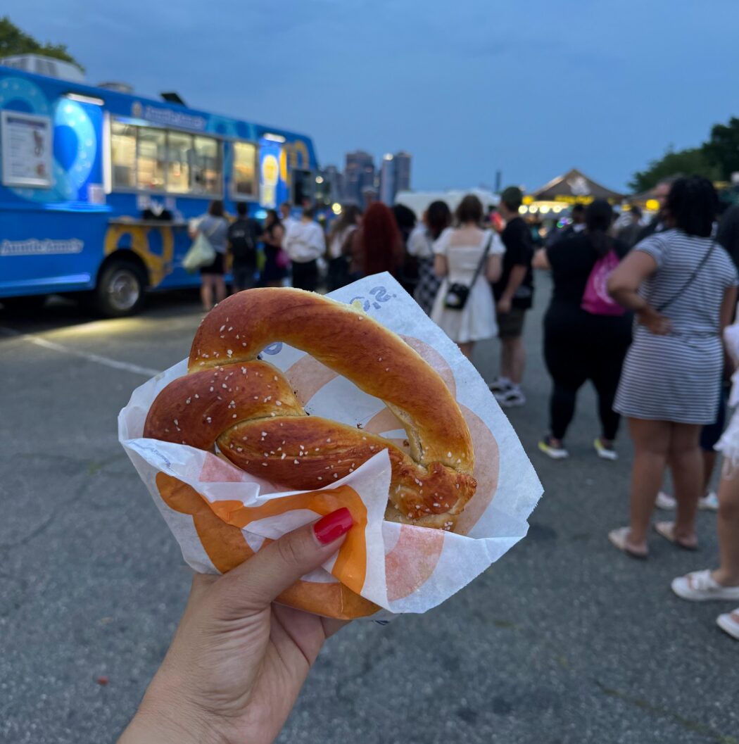 Close-up of a fresh-baked Auntie Anne's pretzel