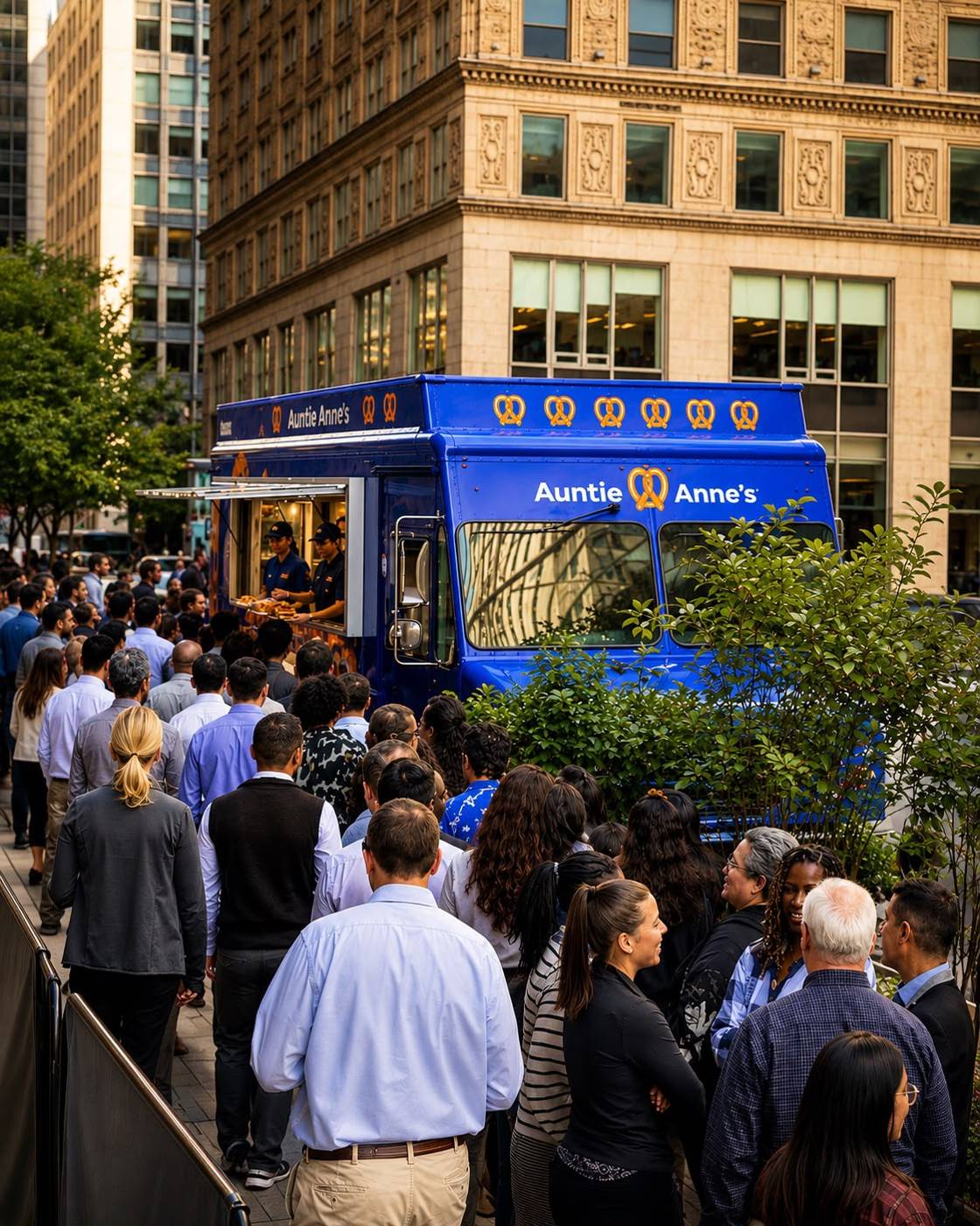 Line of employees at the Auntie Anne's food truck on a Manhattan street