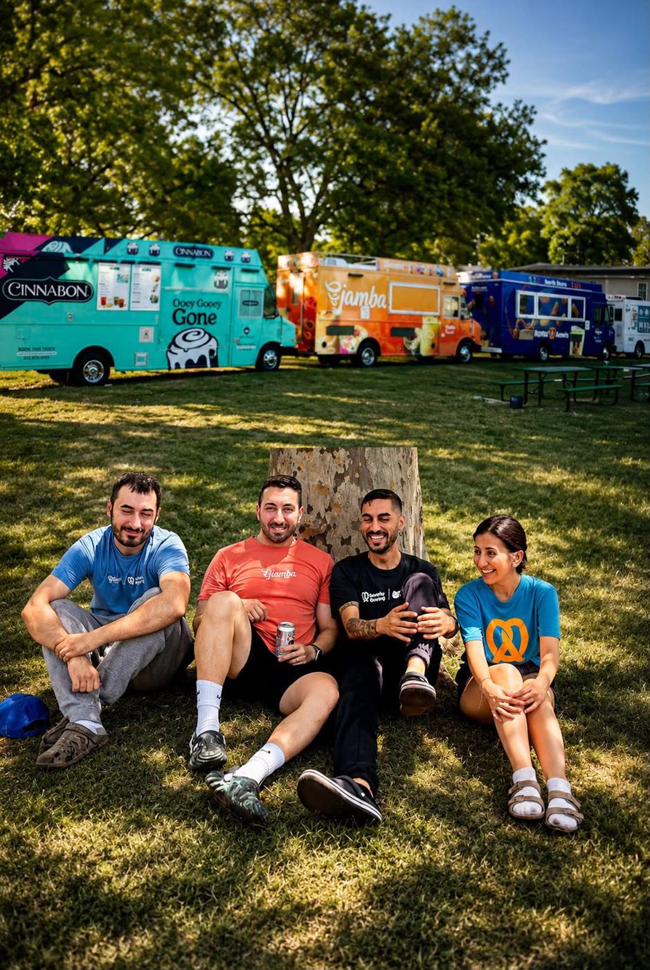 Students relaxing on the lawn with the Snack City NYC truck fleet behind