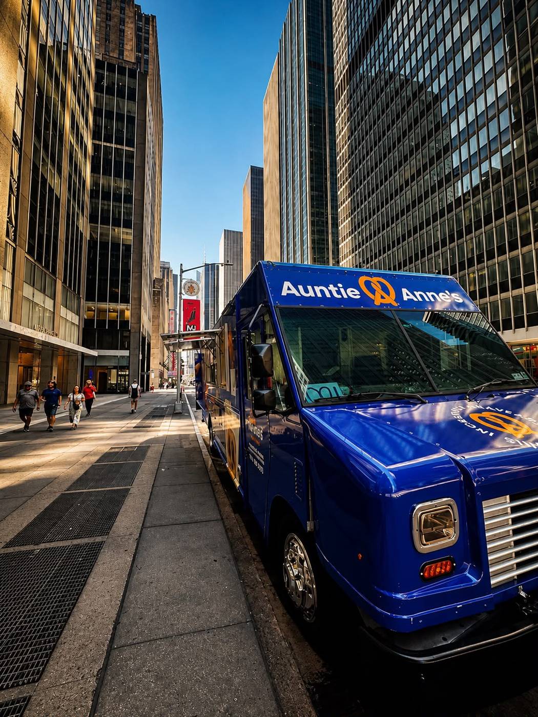 Auntie Anne's food truck between Midtown Manhattan office towers