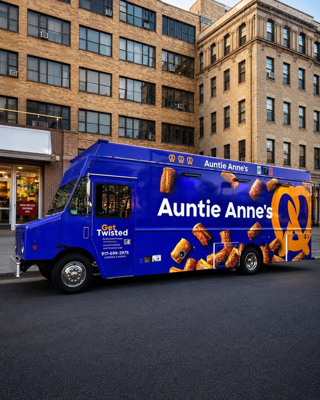 Auntie Anne's food truck parked on a neighborhood street in NYC