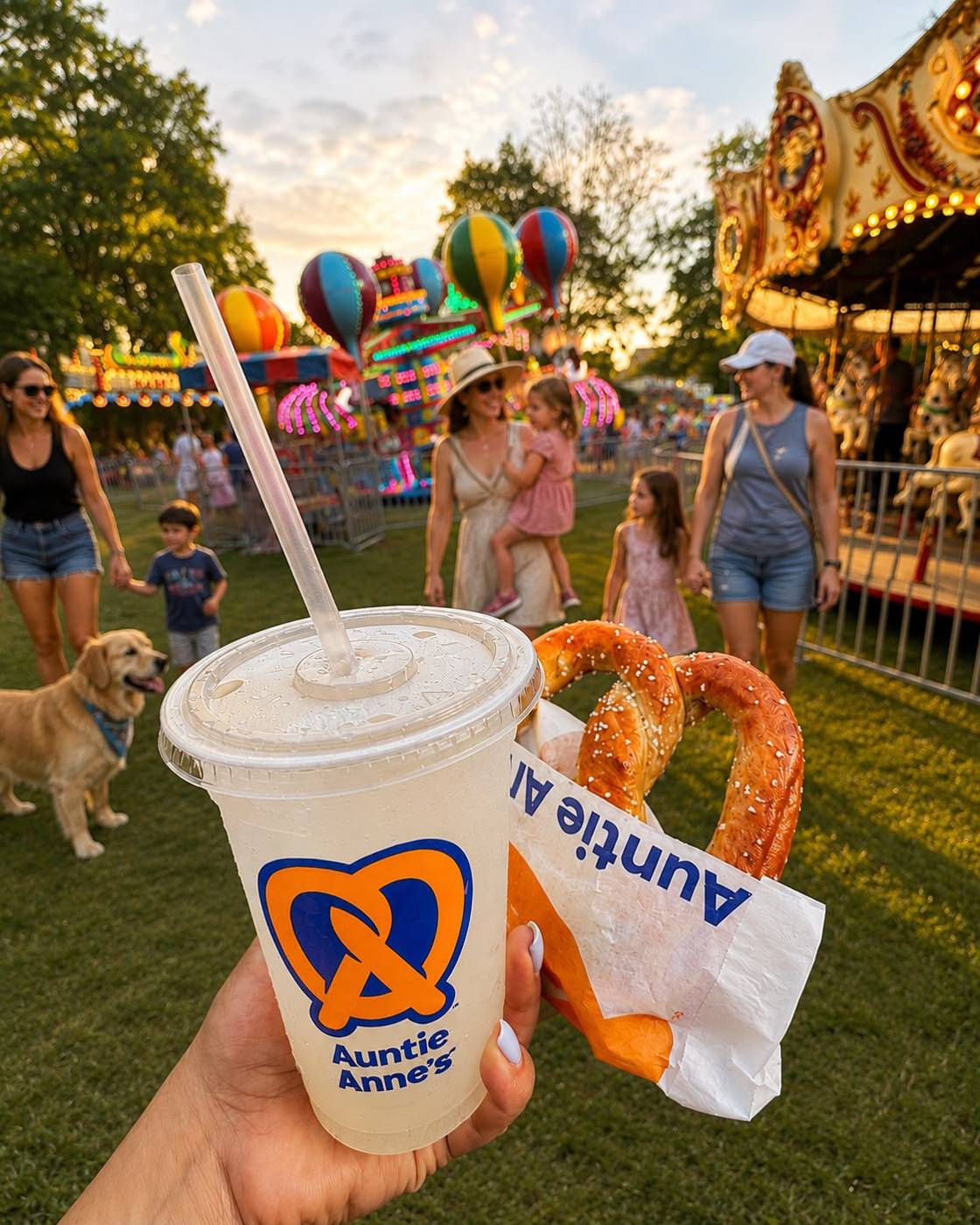 Fresh lemonade and pretzel at a carnival with rides behind