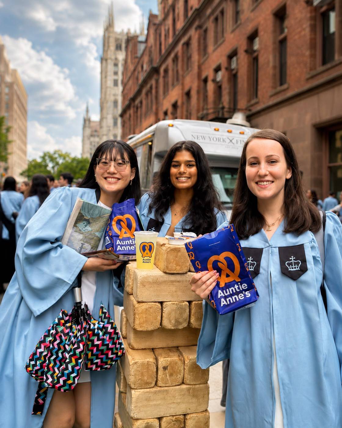 Graduates in gowns celebrating with Snack City NYC snack boxes