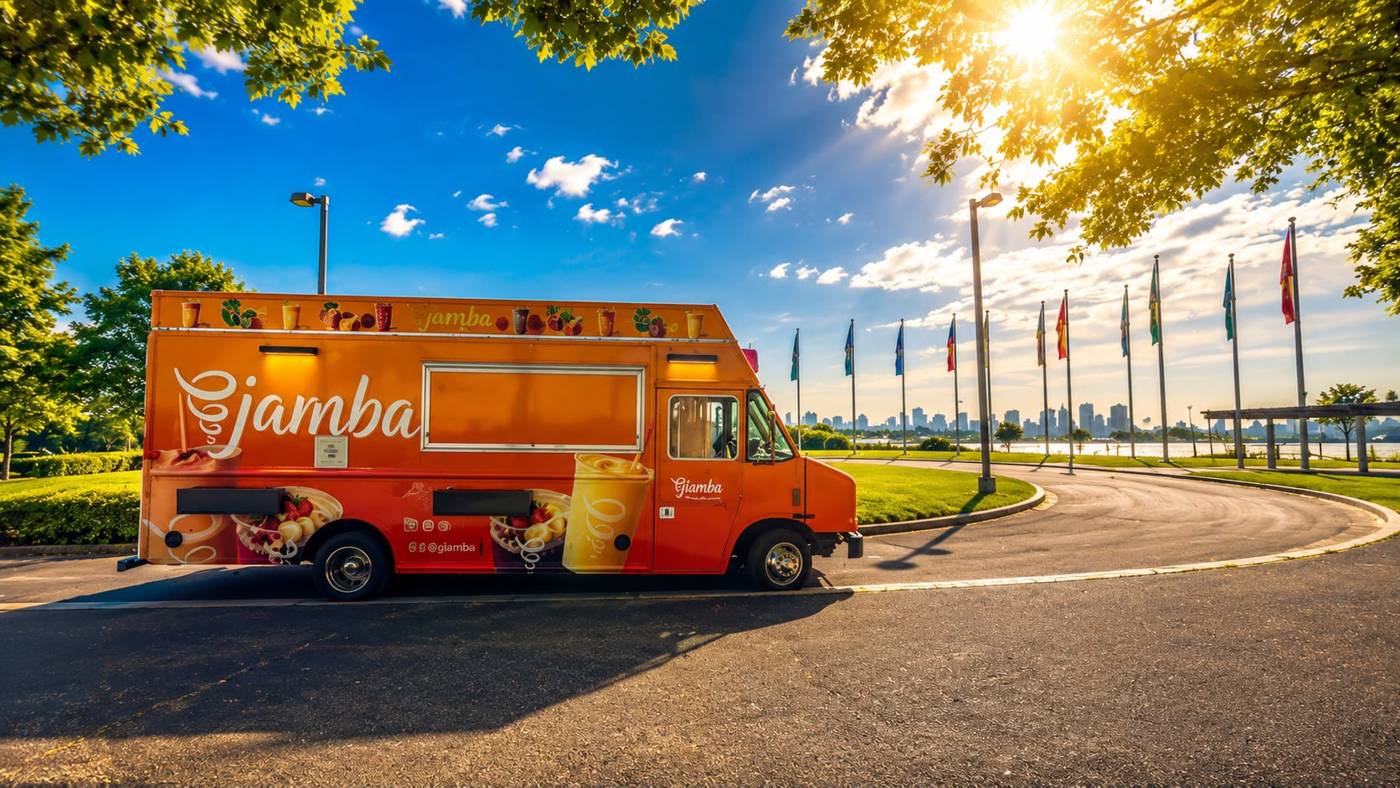 Jamba food truck at a waterfront festival with the NYC skyline